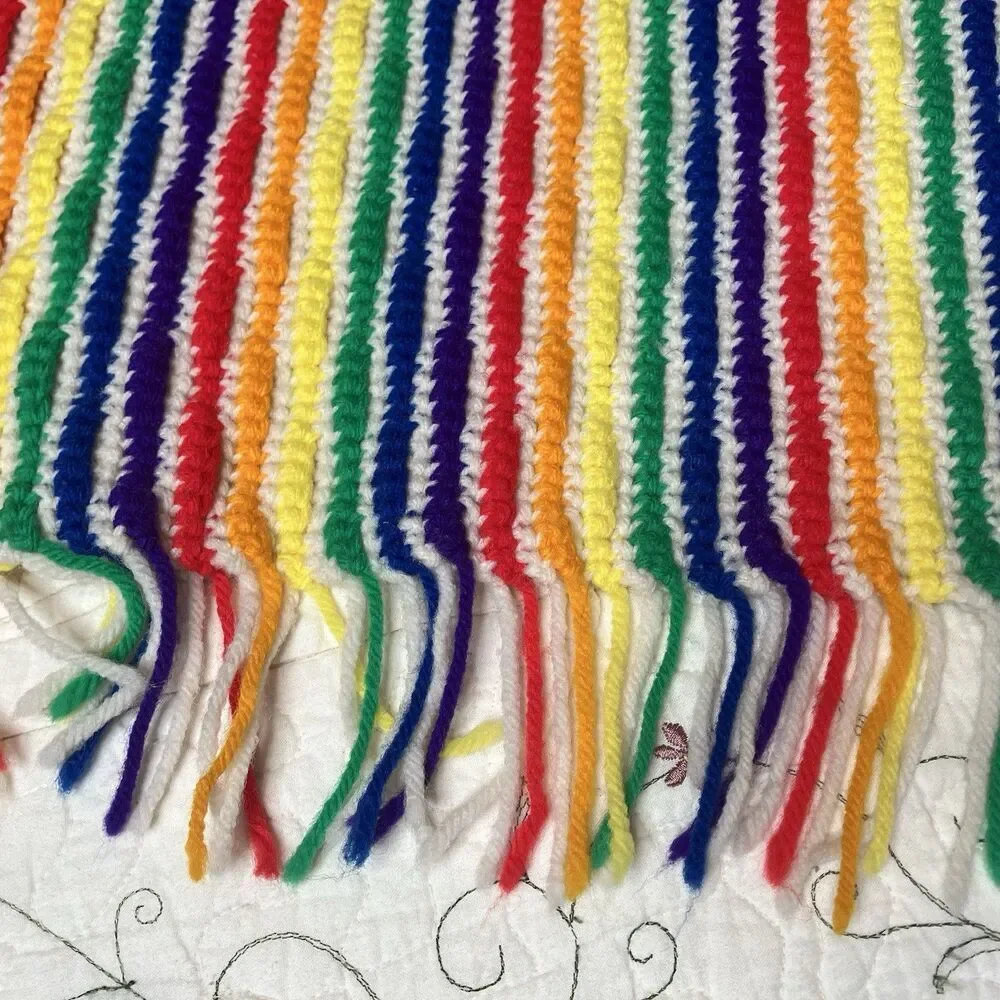 Vtg Handmade Rainbow Crochet Afghan Throw Blanket Reversible Approx 45 X 54